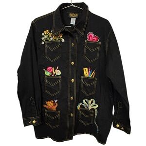 Vintage Bob Mackie Pockets Black Embroidered Button-Up Shirt / Jacket RARE